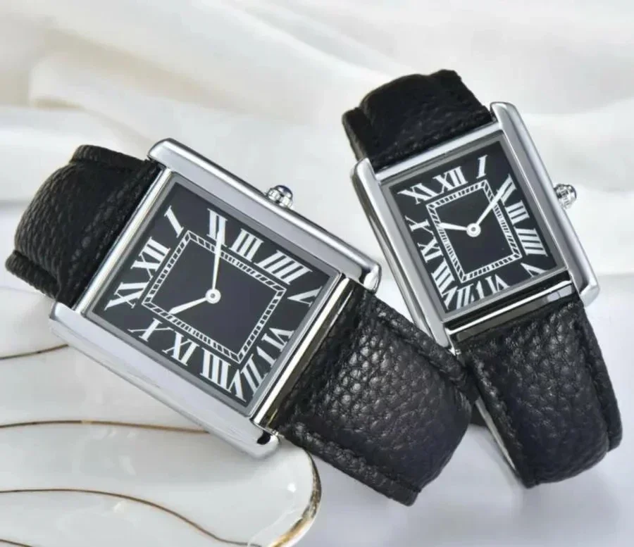 Luxury New Men Women Quartz Watch Rose Gold Square Battery Fashion Silver Tanks Watches Business Black Leather Strap