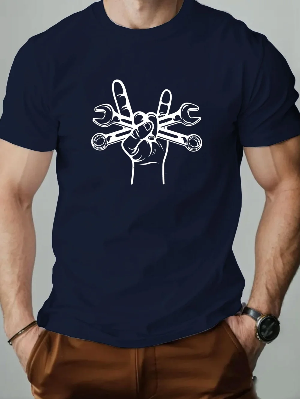 Pattern Print Men's Simple Solid Color Tops Summer Fashion Round Neck Wrench Graphic Breathable Commuting Attire Men's T-Shirts