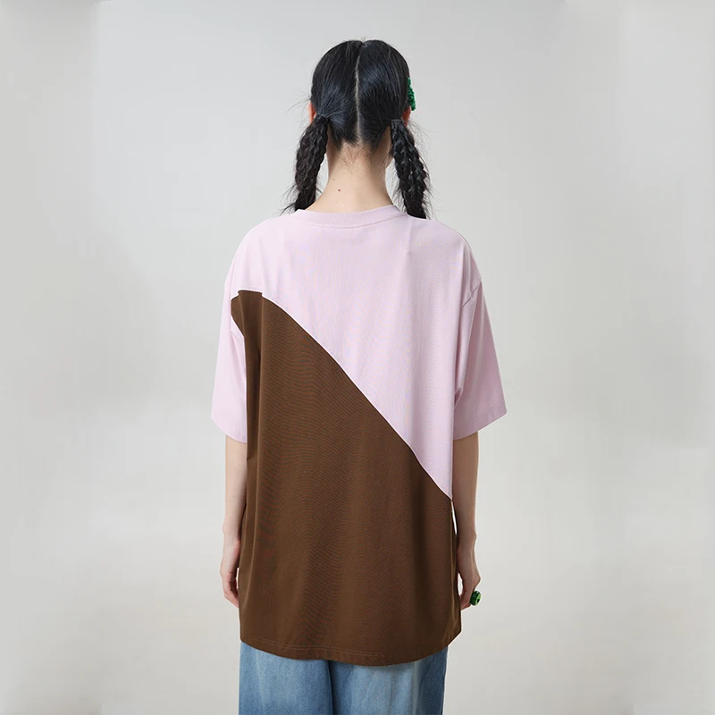 MOVEUP Short Sleeved Round Neck T-Shirt 2026 Summer New Contrasting Color Splicing Print Drop Sleeves Top For Women 3ELX10549