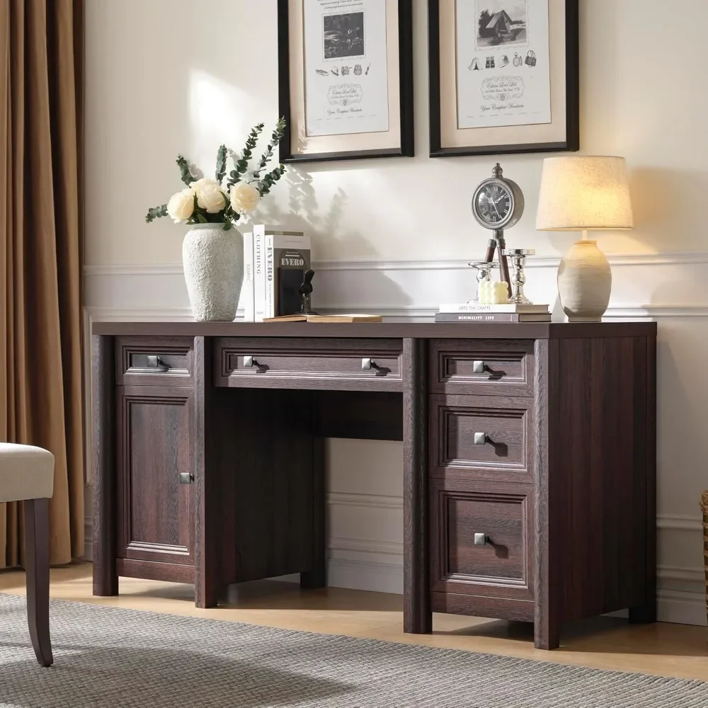 مكتب كمبيوتر المزرعة مع 5 أدراج وخزانة، مكتب تنفيذي 58 بوصة، مكتب مكتب منزلي خشبي مع رف قابل للتعديل #6