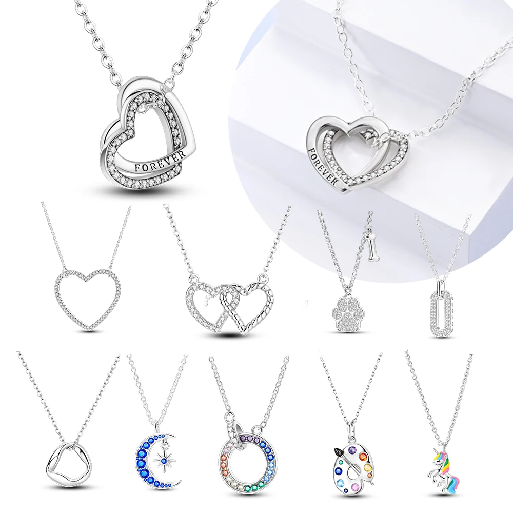 

Heart Forever Original 925 Silver Woman's Necklace Jewelry Anniversary Valentine Gift Double Heart Design Necklace