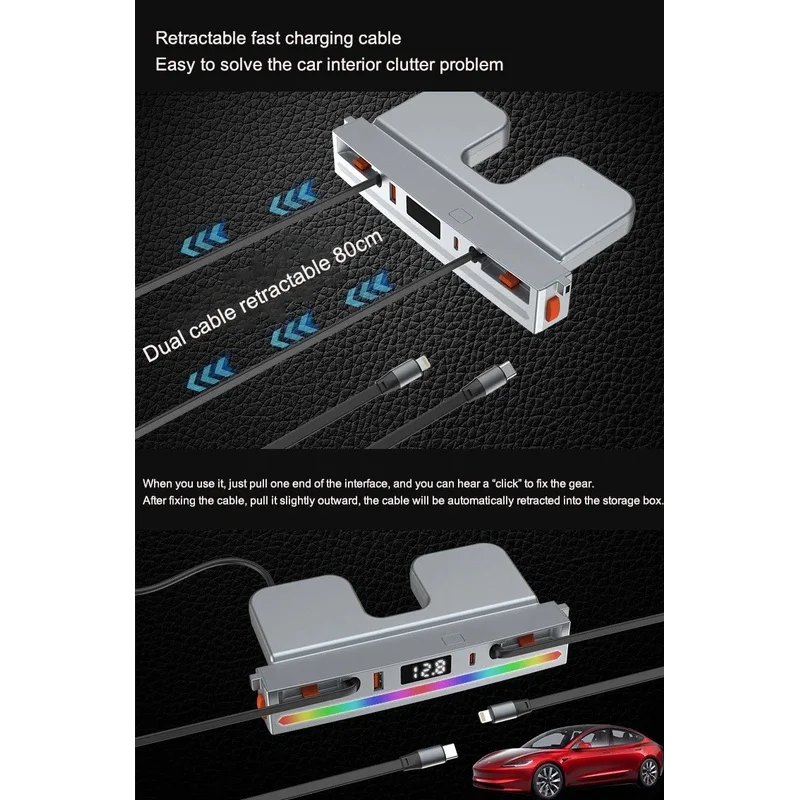 For Tesla Model 3 Highland Retractable Cable HUB Model Y Juniper 60W Fast Charger USB Docking Station LED Display Ambient Light