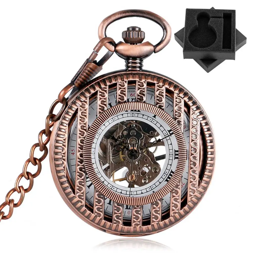 

Винтажные полосы из розового золота, полые механические карманные часы с ручным заводом, брелок-цепочка, подвеска, часы, подарок для мужчин, циферблат с римскими цифрами