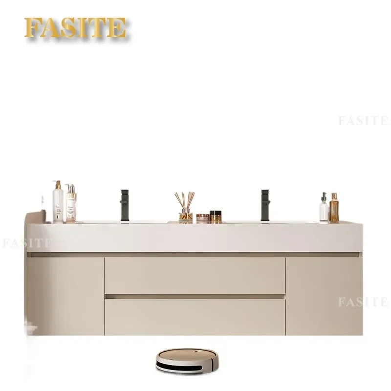 For Bathroom Double Basin Vanity Cabinet Solid Wood Cream Style Seamless Integrated Sink Combo Modern Public Restroom