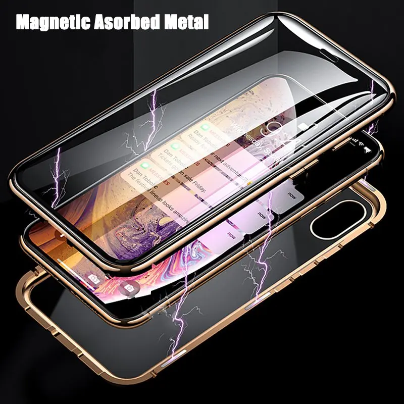 360 Magnetic Adsorption Metal Case For iPhone 14 13 12 11 Pro Max XR Double-Sided Glass Case For iPhone 6S 7 8 Plus Magnet Cover