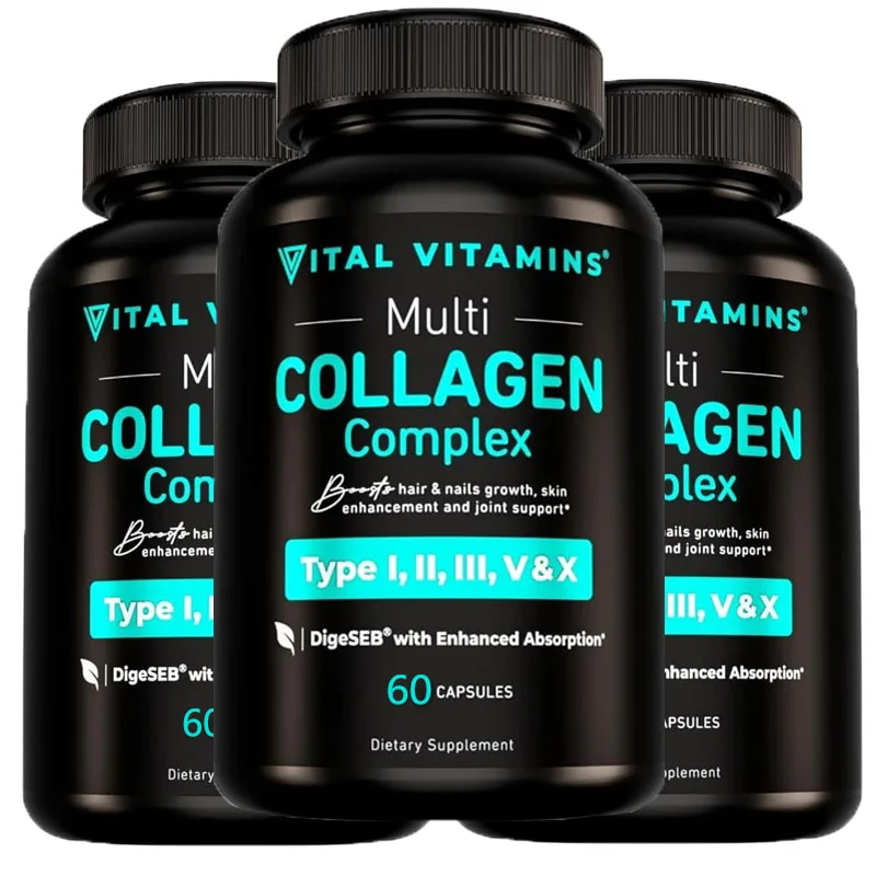 Cápsulas de Colágeno Múltiple Vital Vitamins - Tipo I, II, III, V, X - Suplementos de Péptidos de Colágeno de Animales Alimentados con Pasto, Sin GMO para Hombres y Mujeres