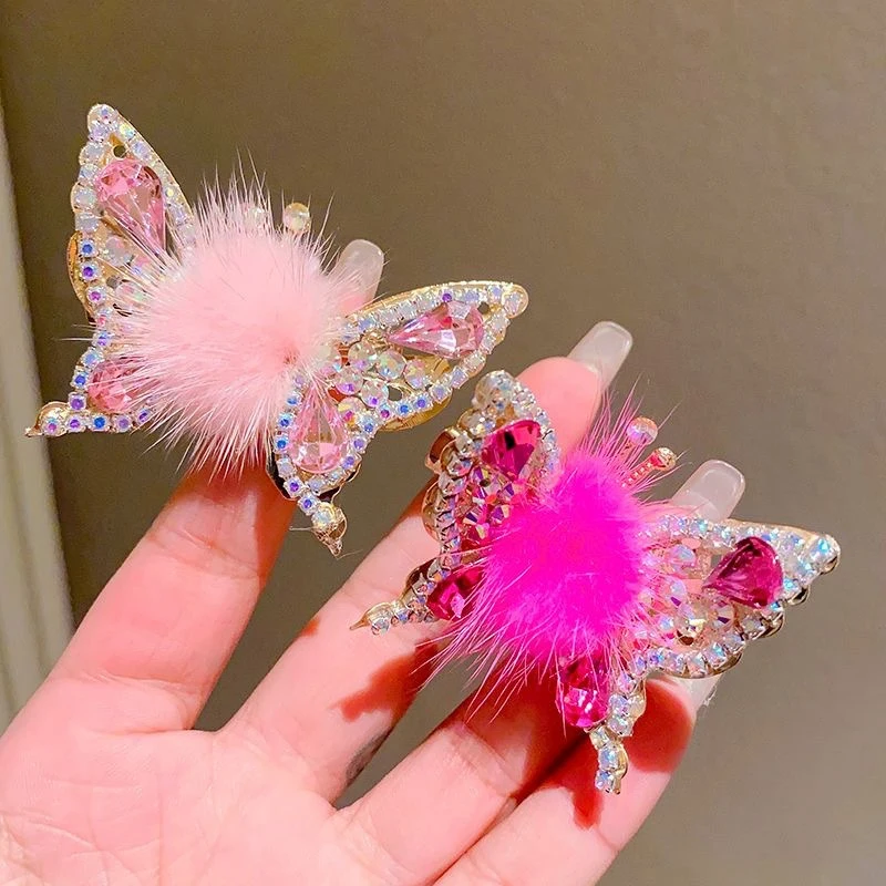 3D Movable Butterfly Hairpin Elegant Rhinestone Hair Clips For Women Fur Ball Barrettes Hair Clip Headwear Hair Accessories