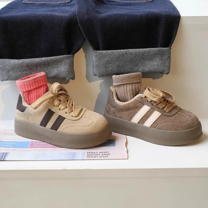 Sapatos de tabuleiro acolchoados para crianças de 3 a 18 anos, damasco, meninos, meninas, sapatos casuais, cáqui, fundo macio, antiderrapante, botas de algodão para crianças