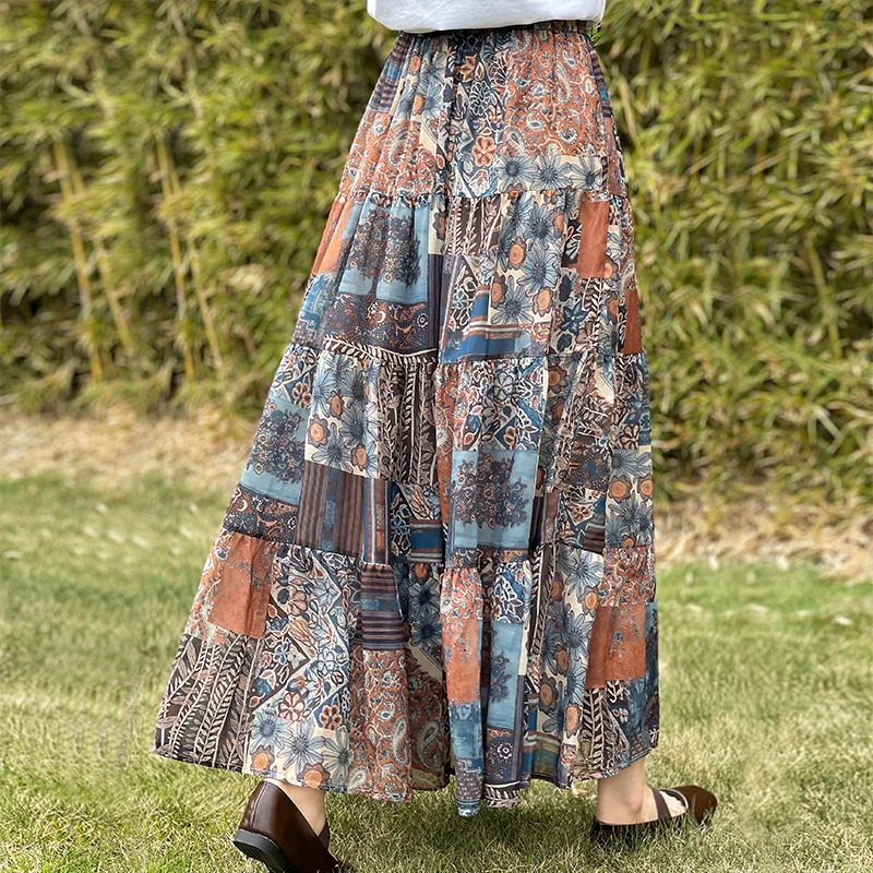 F-Rock aus Seide mit abstraktem Druck und elastischer Taille, lockere Passform, Midirock für Damen, Sommersaison, normal, dünn