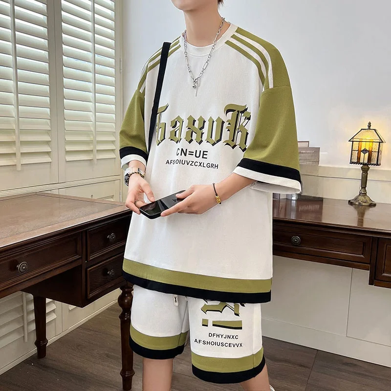 

Casual ort orts Men's Summer Trendy Brand Straight Loose Thin Printed Five-Quarter Spor Haome Set Polyester Fiber