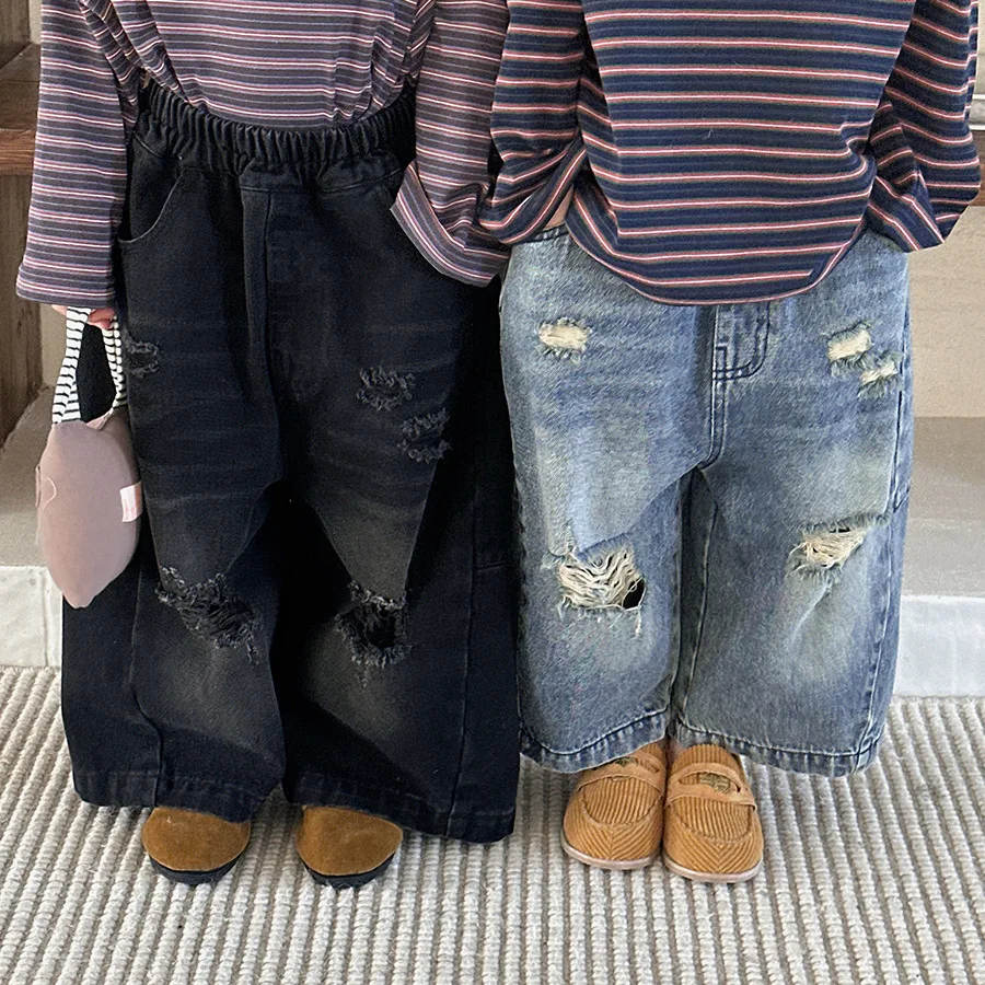 2026 Children's Spring New Ripped Jeans Boys and Girls Loose and Foreign Wide-leg Straight-leg Pants