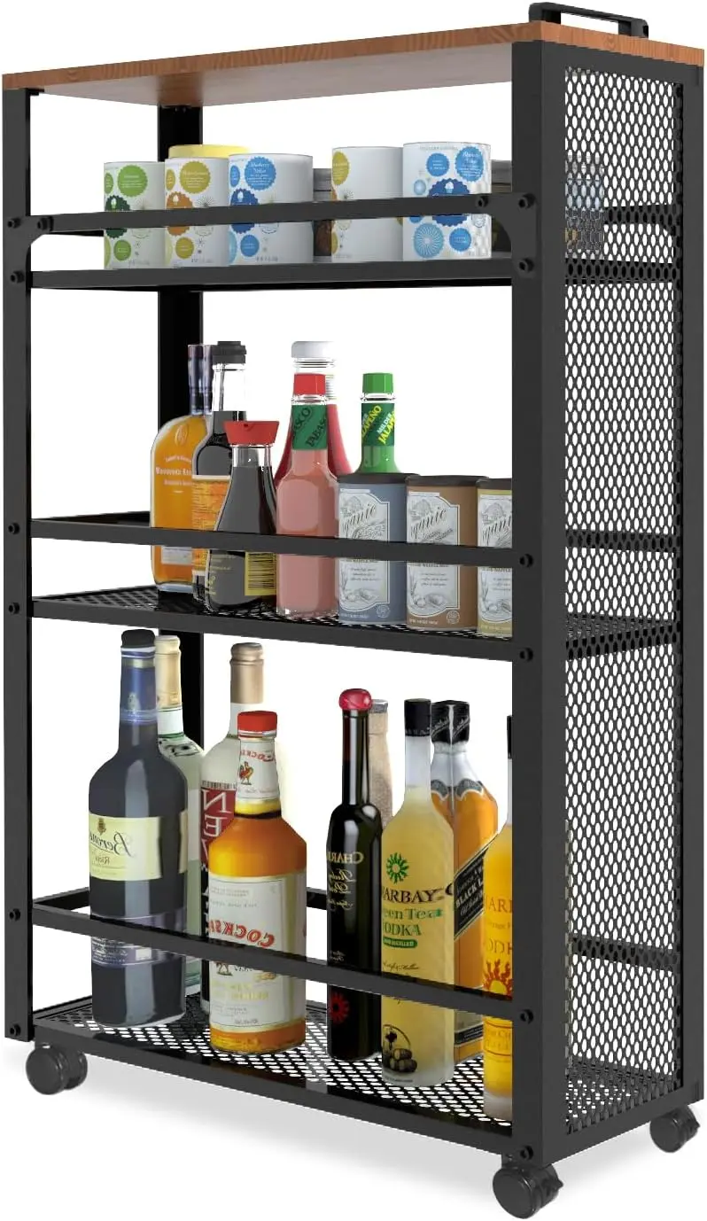 

2025 New, Slim Kitchen Storage Cart, 3-Tier Metal Rolling Utility Cart Mesh Basket, Multifunction Wire Basket Shelf Trolley For