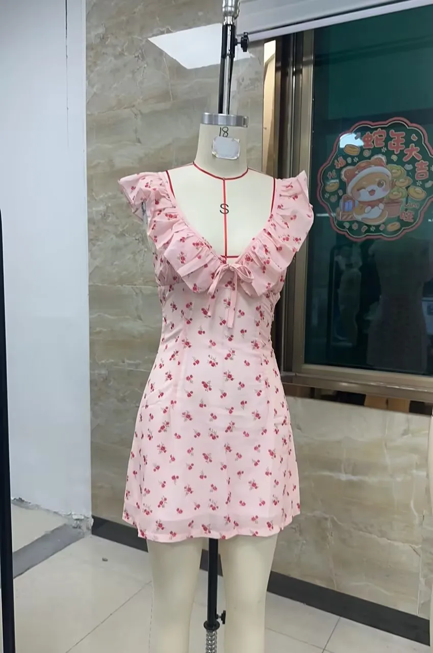 Mini robe d'été à volants pour femmes, sans manches, décolleté en V profond, dos nu, à nouer, motif Floral/à pois, robes trapèze