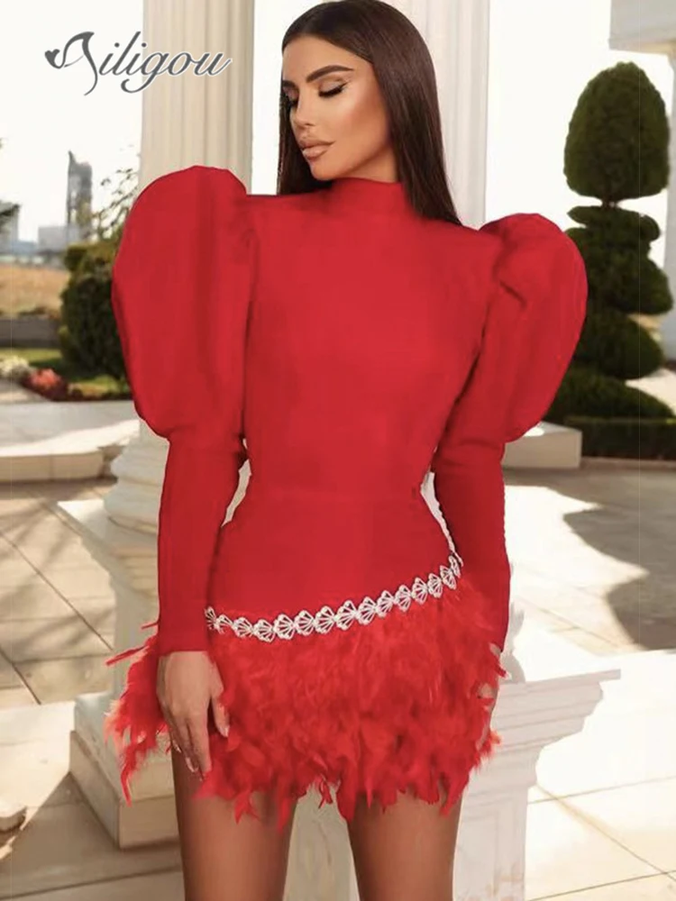 

Ailigou 2024 New Women's Sexy Long sleeved Feather Diamond Black Red Mini Bodycon Bandage Dress Elegant Evening Club Party Dress