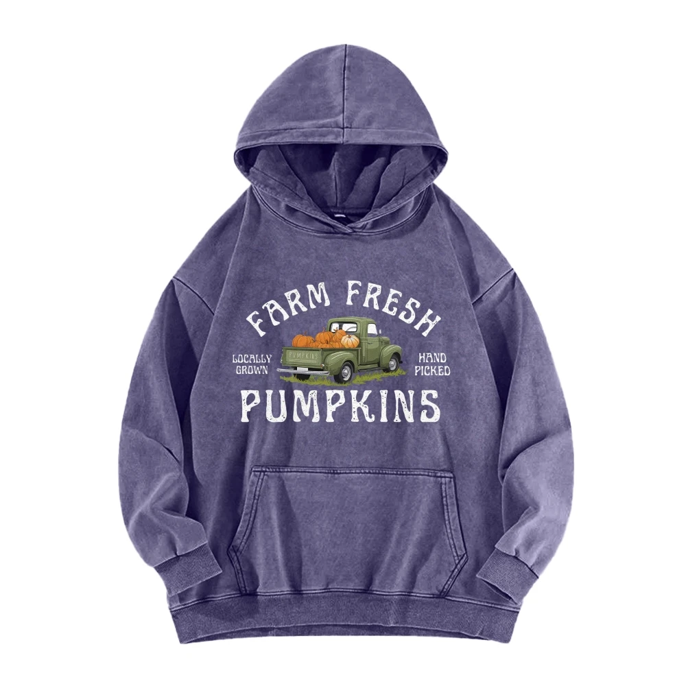 Farm Fresh Pumpkins Unisex Washed Hoodie Thanksgiving Fall Farm Worker Pullover Pumpkin Patch Boyfriend Market Long Sleeve Shirt