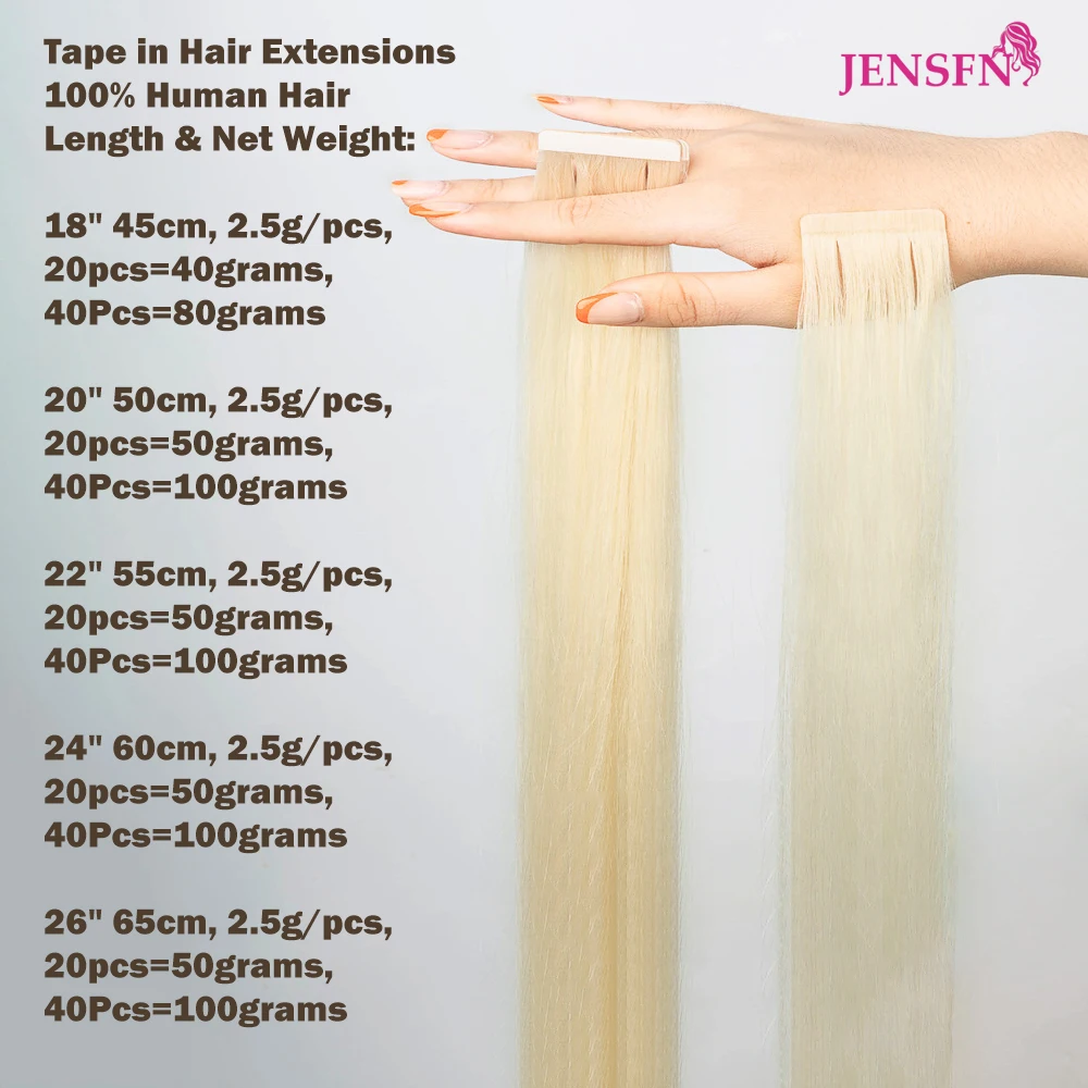 JENSFN-Cinta en extensiones de cabello humano Real, 100% Remy, Natural, 16-24 pulgadas, 613 recta, piel de PU, para salón