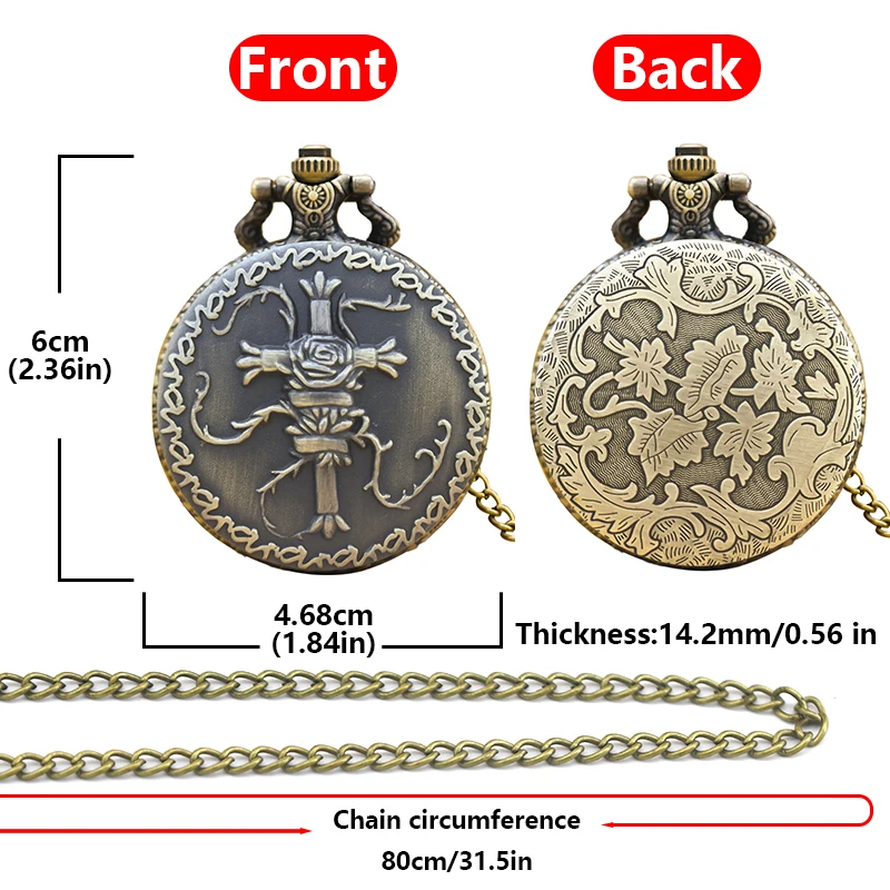 Reloj de bolsillo de cuarzo cruzado grande para estudiantes, accesorio Vintage de bronce, con relieve de concha de almeja, encaje, Rosa esmerilada, envuelto en vid