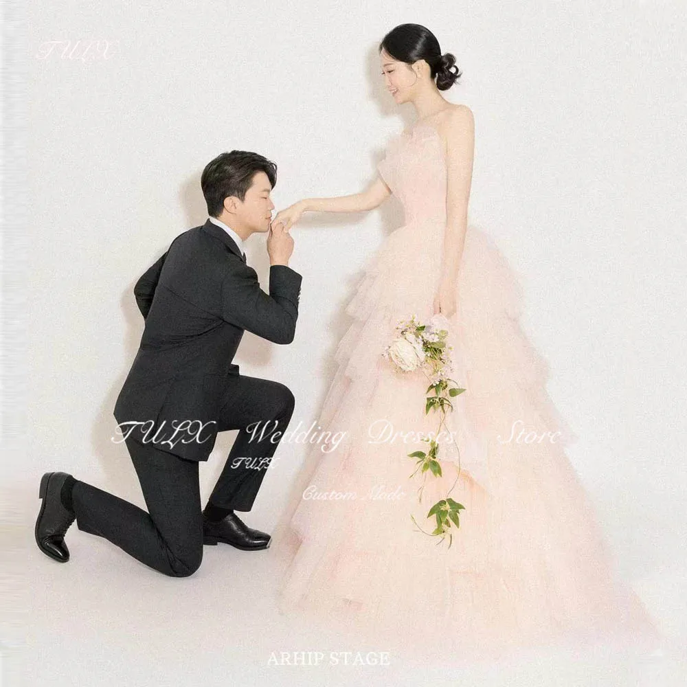 

TULX Korea Photo 2025 Princess Strapless Tulle Puffy Wedding Dress Long Tiered Bridal Gown Women Pale Pink Corset Back 웨딩드레스