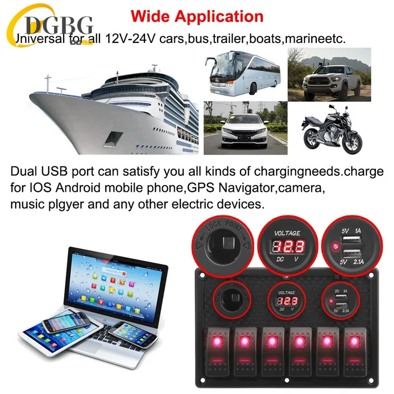 24V 12V 6 Buttons Switch Panel With Digital Voltmeter Tester USB Chargers 3.0 Light Toggle Car Power Adapter Marine Boat Caravan