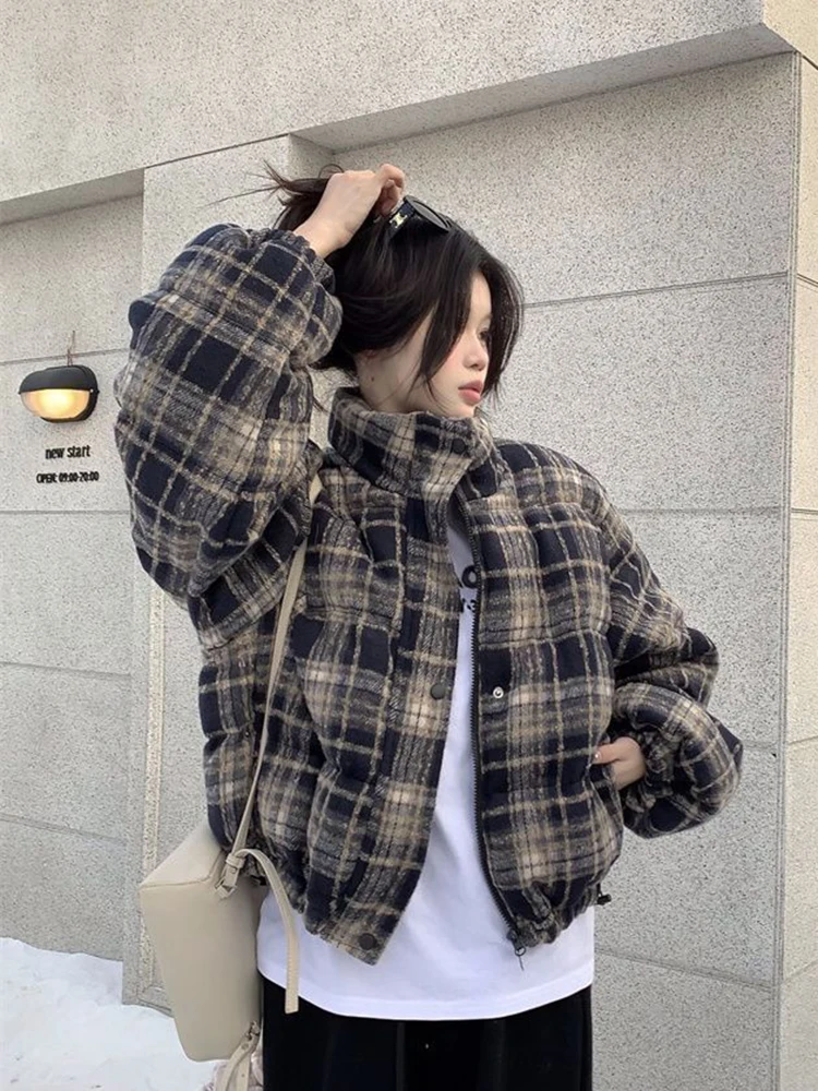 ゾキ ウィンター ヴィンテージ 暖かい格子柄パーカー レディース 厚手 ゆったり 長袖 可愛い コットンコート カジュアル アメリカン レトロ スタンドカラー Y2K トップス