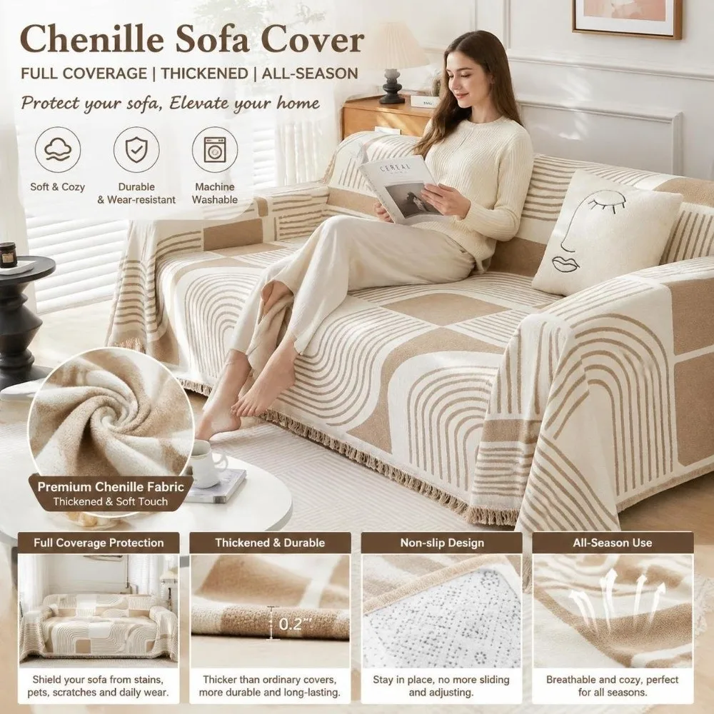 Full Cover Sofa Throw Cover Protective Non Slip Geometric Line Sofa Cover Scratch Proof Fringe Trim Chenille Couch Slipcover