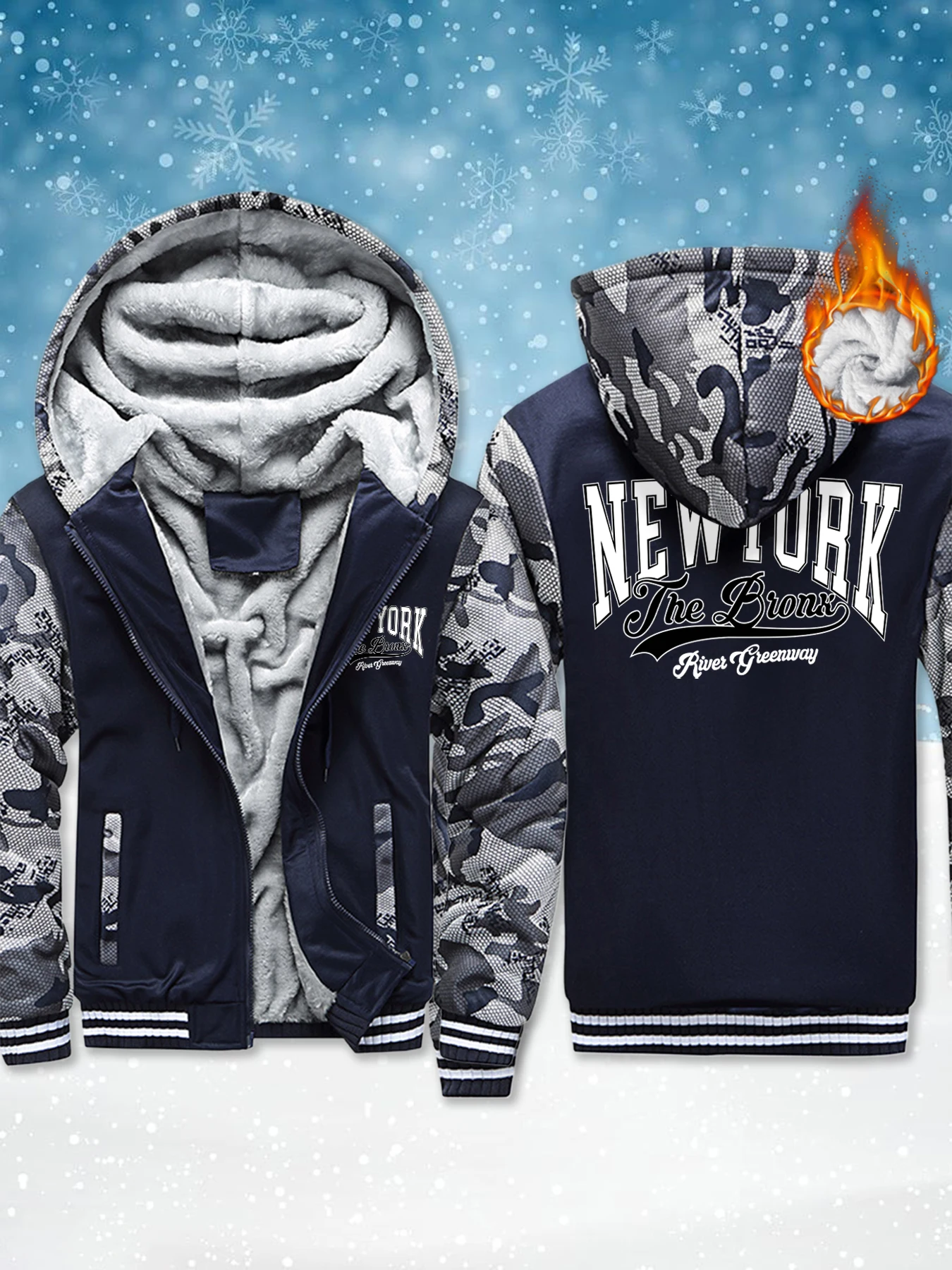 

New York Bronx River Greenway Print Mens Fleece Pocket Jackets Thicken Comfy Outwear Zip-Up Winter Hoodie Warm Basics Veste