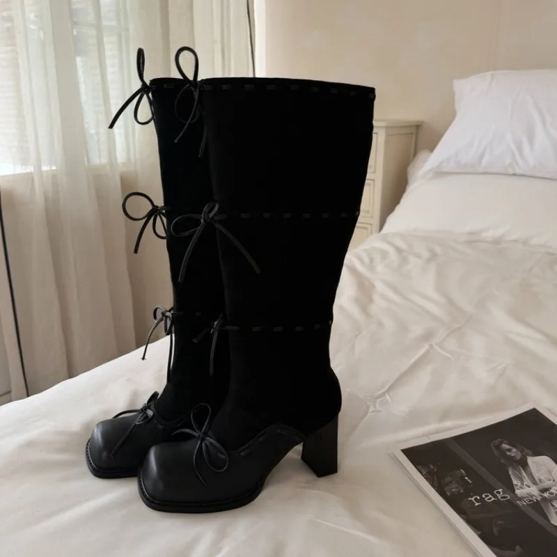 Women's Knee-High Boots Square Toe Mid Block Heel Bow Tie Accents Glossy Finish Upper Classic Everyday Casual Outdoor Footwear