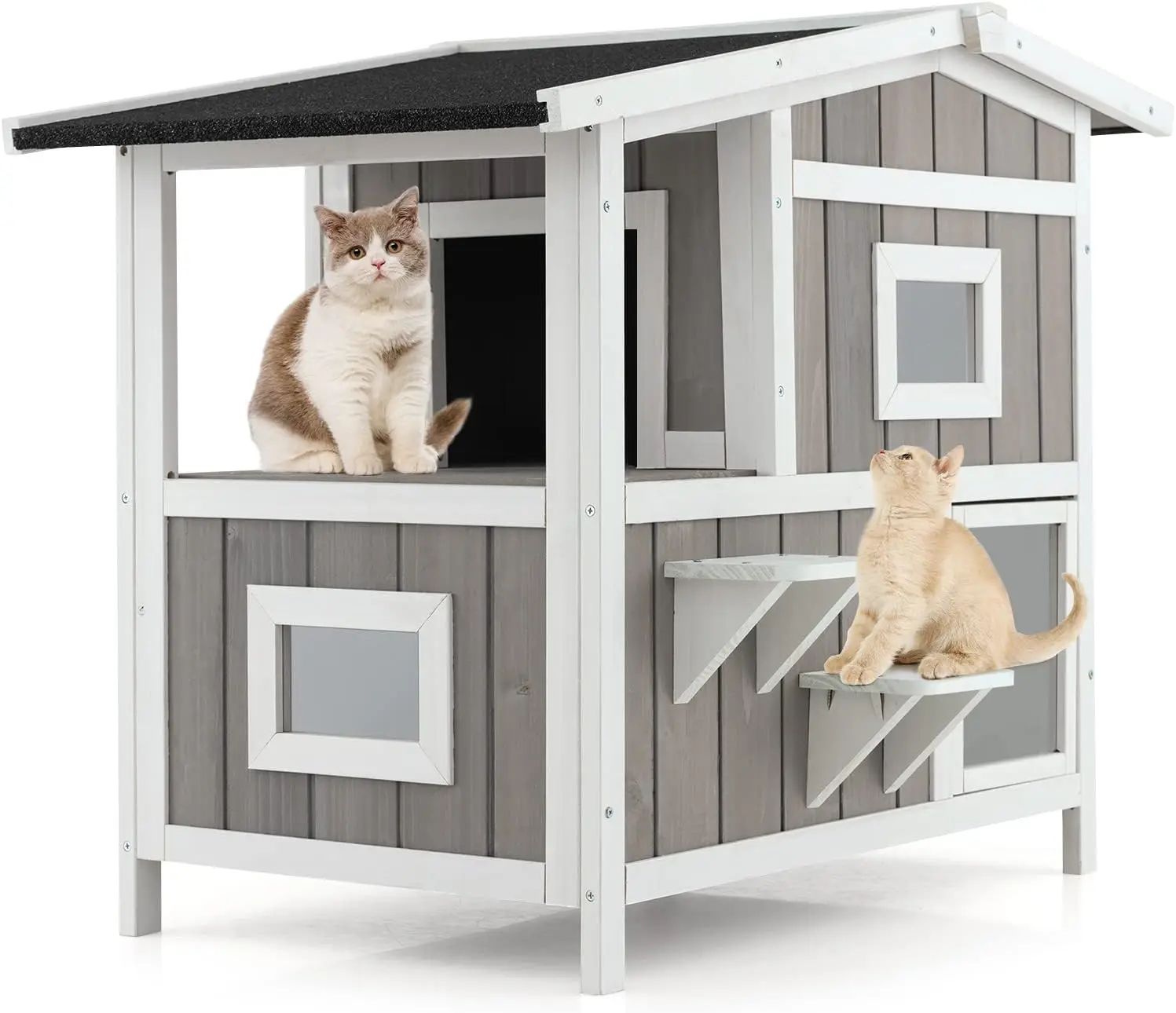 

2-Story Outdoor Cat House, Weatherproof Wooden Feral Cat Shelter with Escape Door, Balcony, 2 Jumping Platforms & Asphalt Roof,