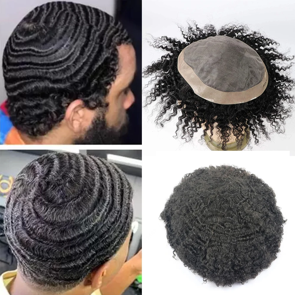 8mm 10mm Deep Afro Curly Wave Mens Toupee Natural Hairline Super Durable Fine Mono&NPU Base Human Hair Wig Prosthesis Unit Sale