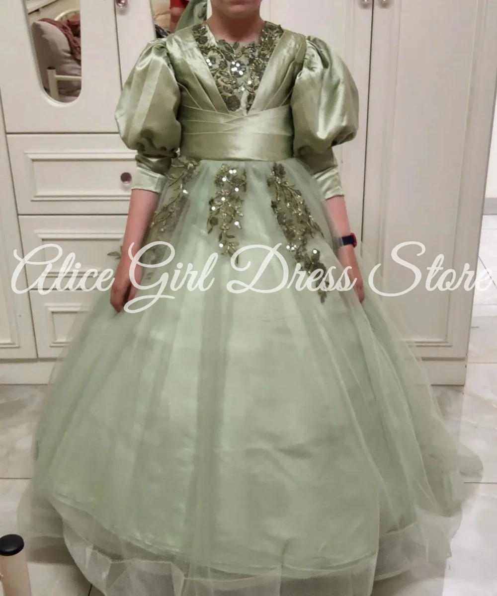 

Customized Green Flower Girl Dresses for Wedding Sequins Floor Length Princess Girl Kids Birthday Party First Communion Gowns
