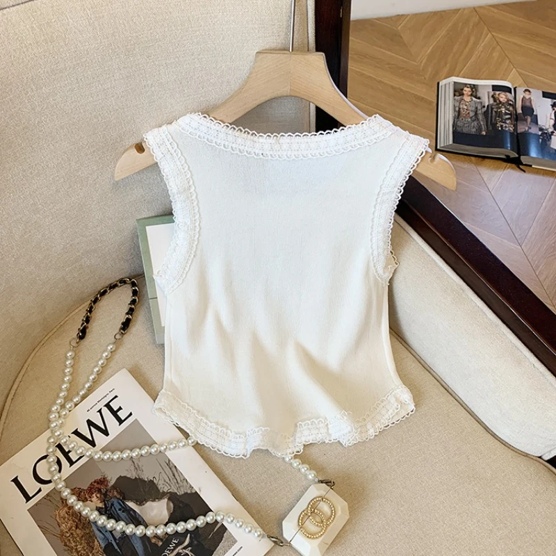 2025 New Summer Women Fashion O-neck Sleeveless Camisole Rhinestone Bow Decoration Lace Lace  Elastic Tank Tops Sweater Vest
