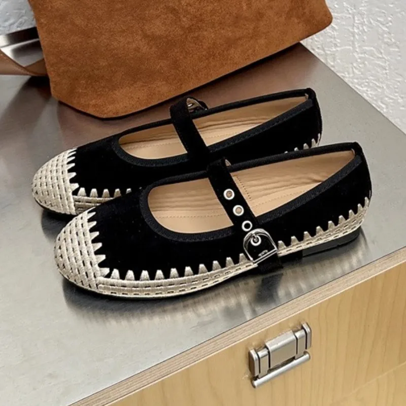 جديد المنسوجة الربط الشقق النساء فو الجلد المدبوغ النمط الفرنسي جولة تو مشبك ماري جين أحذية الراحة الضحلة أحذية مصممين المتسكعون #5