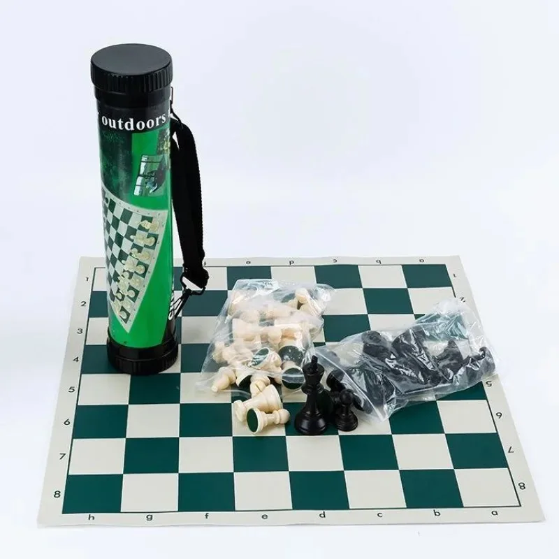 42x42cm Outdoor Travel Chess Plastic Leather Black and White Pieces Barrels Three-dimensional Pieces Portable Chess