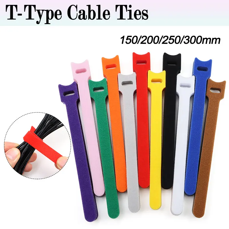 20pcs T-Type Reusable Cable Ties 150 200 250 300mm Nylon Hook & Loop Fastener Adjustable Wire Management Cable Organizer