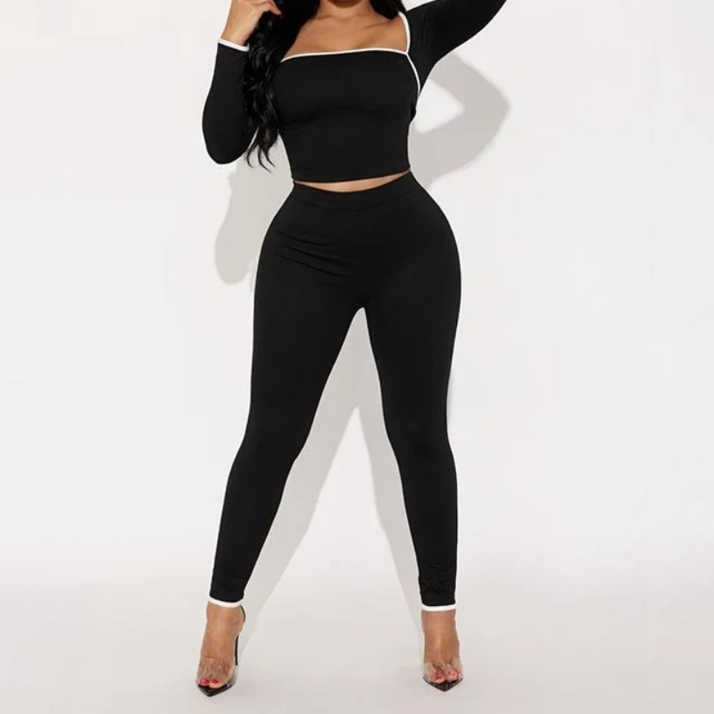 Womens Casual Tracksuit 2-Piece Set White Edge Square Collar Crop Top+Leggings Fitness Stretch Slim Matching Outfits Autumn 2025