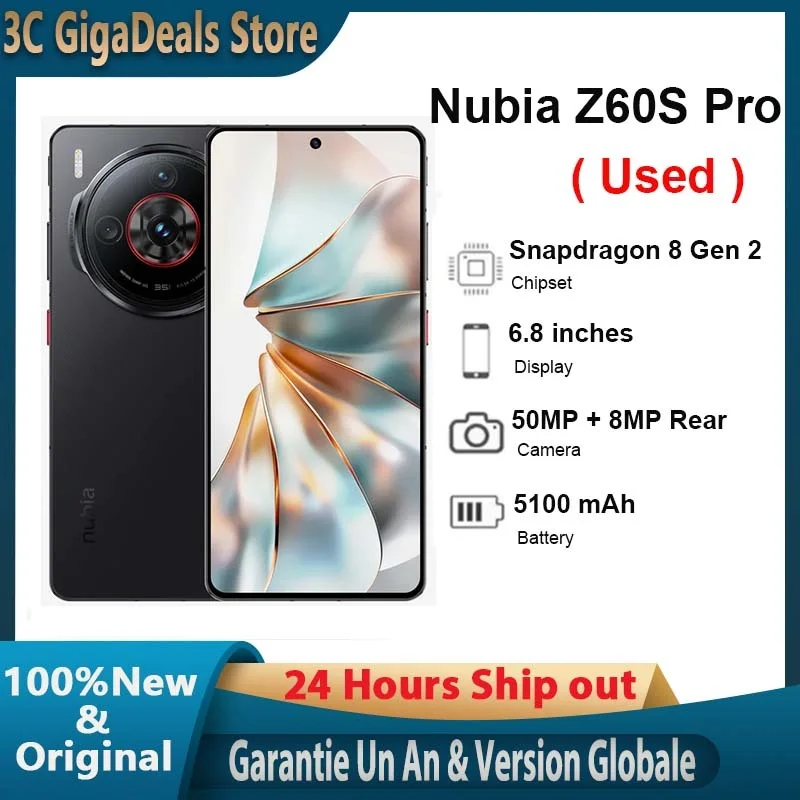 Nubia Z60S Pro, Téléphone intelligent version globale, écran 6,8 pouces, processeur Snapdragon 8 Gen 2, batterie 5100 mAh, charge rapide 80W, NFC, 12Go/16Go RAM, 256Go/512Go/1To stockage Nubia Z60S Pro, Téléphone intelligent version globale, écran 6,8 pouces, processeur Snapdragon 8 Gen 2, batterie 5100 mAh, charge rapide 80W, NFC, 12Go/16Go RAM, 256Go/512Go/1To stockage