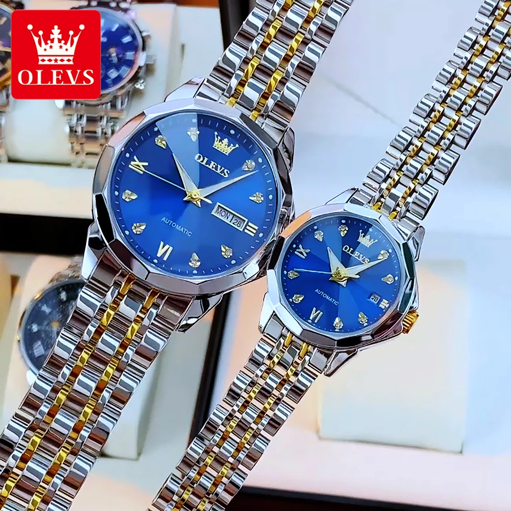 OLEVS Couple Watches Trend Fashion Fine Steel Original Automatic Mechanical Wristwatch for Lover Waterproof Man and Woman Watch