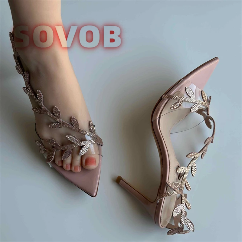 

Open-Toed Stiletto Sandals Pointed Open Toe Rhinestone Leaf Design Women's Sandals Fashionable High Heels Party Shoes 2025 Trend
