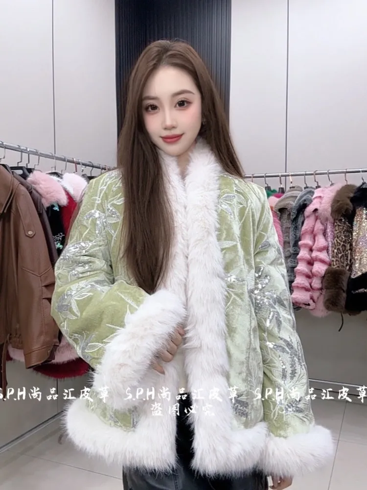 New Chinese Style Winter Comfortable Soft Long-sleeves Woolen Jacket Women's Padded Heavy Velvet Sequin Elegant Faux Fur Outwear