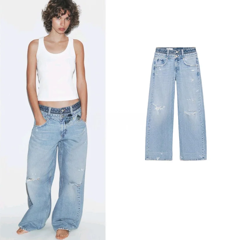 

Spring New Women's Casual Decorative Hole Straight Leg Jeans Double Layer mid Waist Denim Pants Comfortable Fit Classic Blue