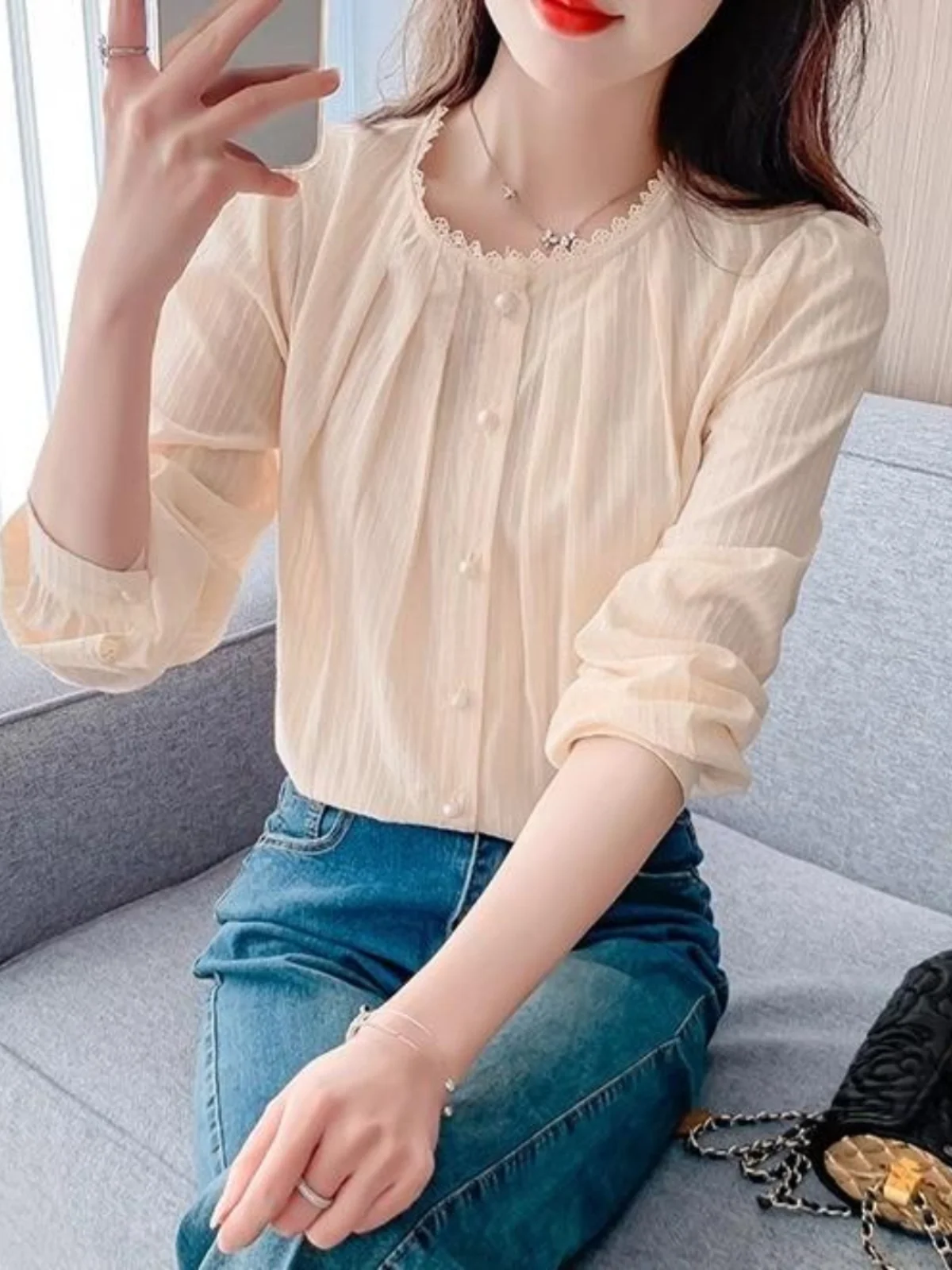 Camiseta de algodón puro de manga larga con cuello redondo y encaje para mujer, nueva colección de primavera, para uso interior y exterior, estilo casual.