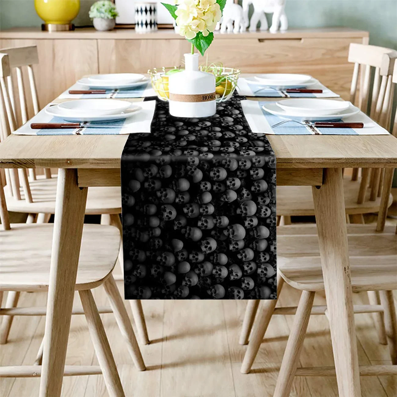 Halloween Table Runner Black Skull Kitchen Table Runners for Dinner Holiday Party Wedding Events Decor