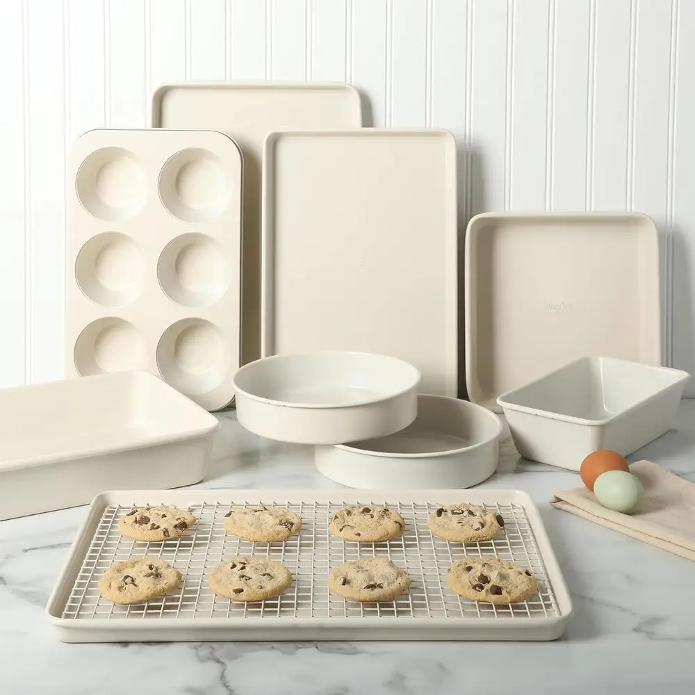 Gallen 10 Piece Bg Pans Ceic PA ree Non Toxic Non Stick Bakeware Set - Linen White