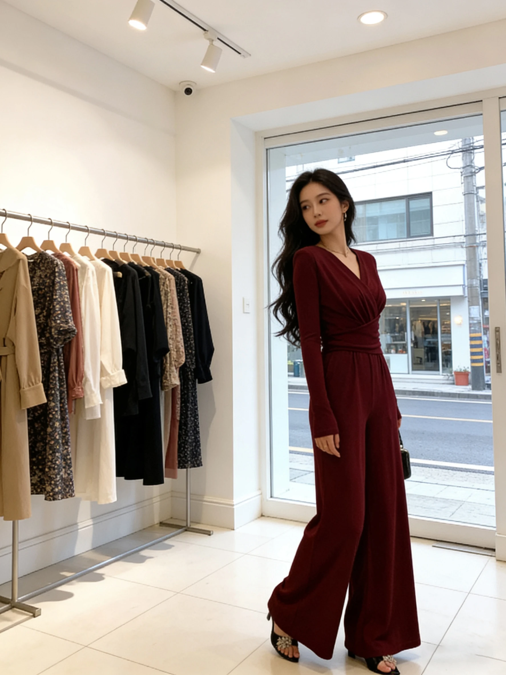 Ele Wine Red Pantalon une pièce pour femme V-Ne Pantalon long couché à la taille Plis asymétriques Faionable Commute Sle