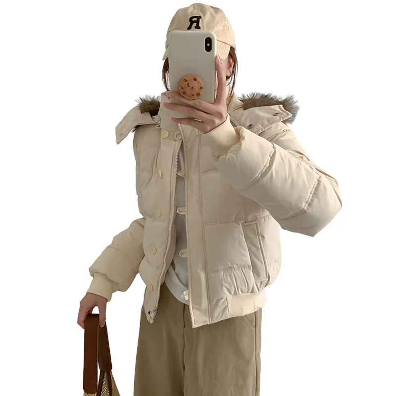 

2026 Fashion Down Cotton-padded Jacket Women's Short Parkas Winter Thicken Hooded Fur Collar Warm Coat Casual Student Outerwear