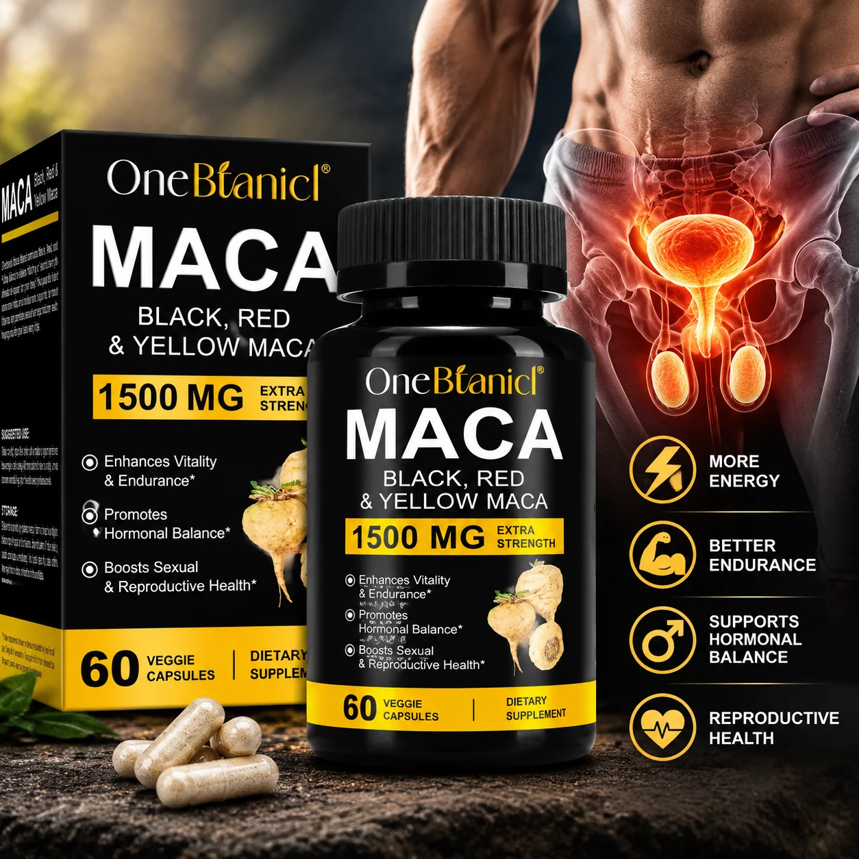 Black Maca Capsules Male Vitality Vigor Stamina Hormonal Balance Reproductive Health Energy Endurance Performance 60 Capsules