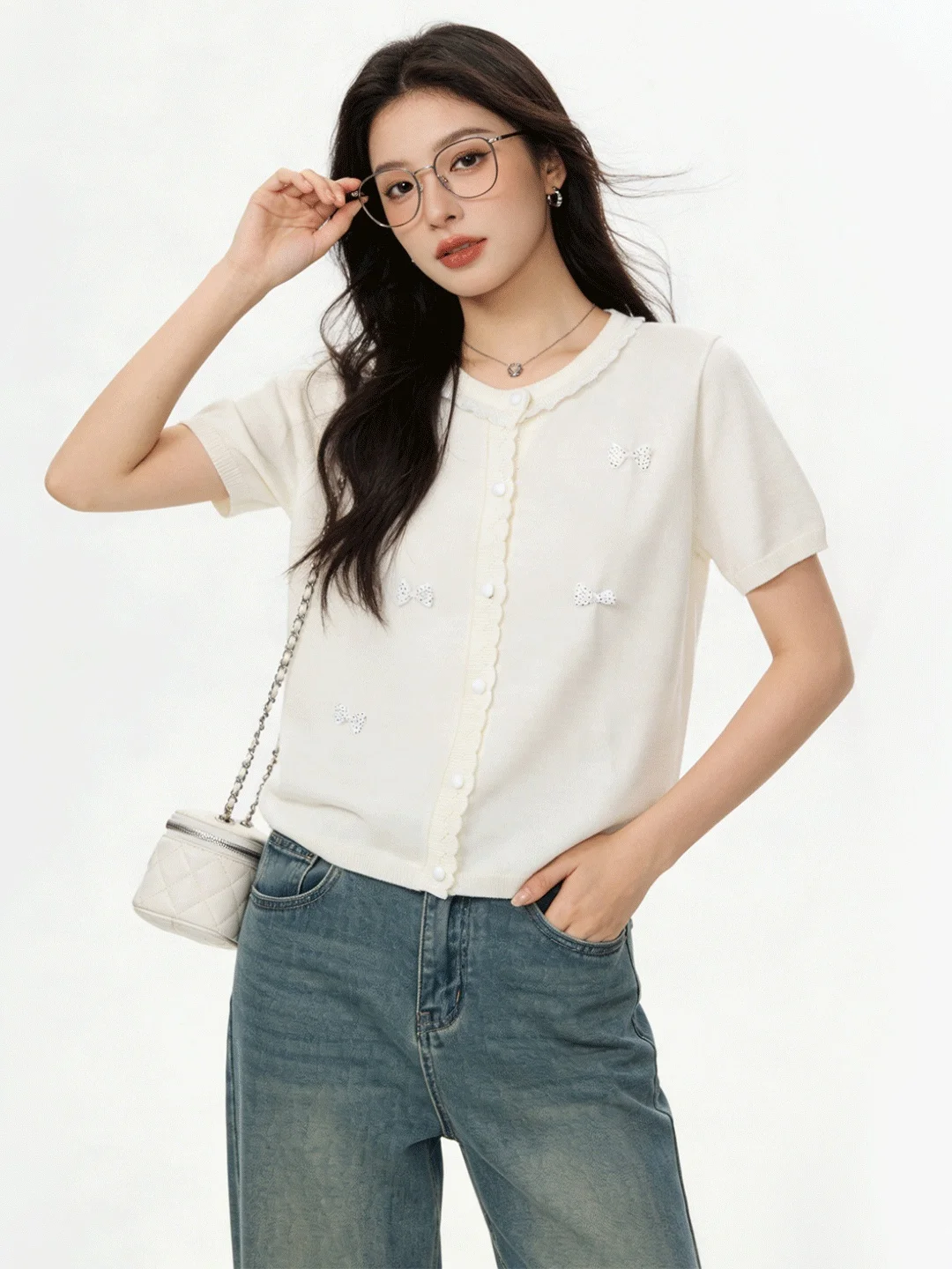 

Sweet Lace Trim round Ne Soft Cozy Knitted Sweater Jaet Early Spring ort Versatile Korean Sle ort Sve Top Butter...