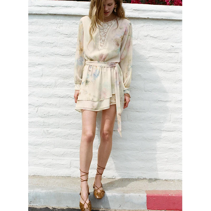 Gonna a trapezio a vita alta Dr con stampa all'uncinetto a colori con decorazione a strati rotonda da donna primavera estate