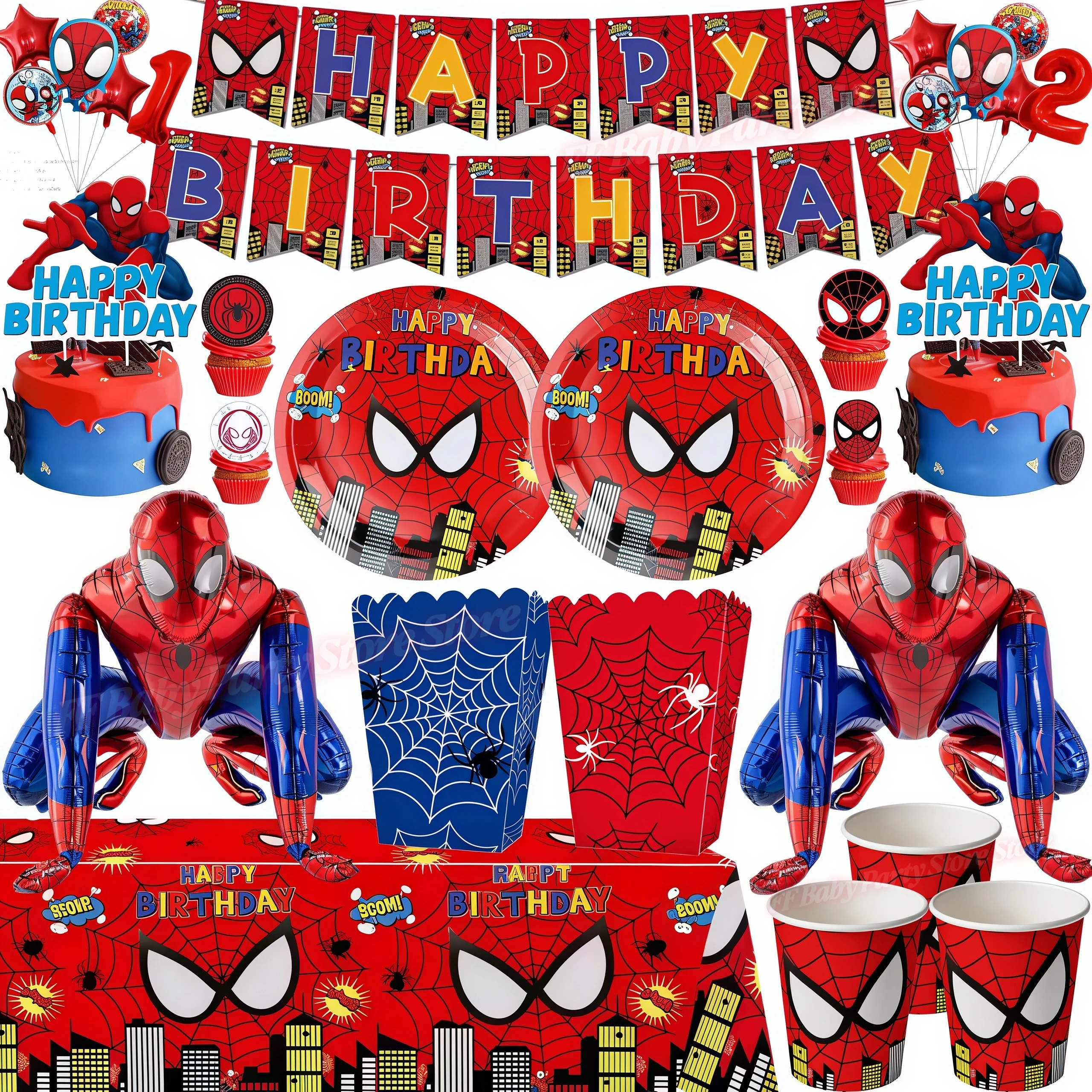 Image of Spinnen-Geburtstagsparty-Dekoration Blau-Rote Spinnen-Tischware Teller Becher Banner Tischdecke für Babyparty-Zubehör Party-Geschenk