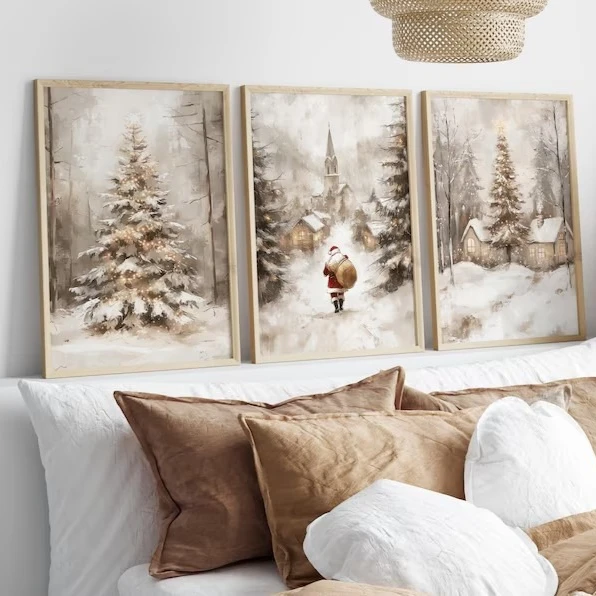 Retro Weihnachtsmann und Weihnachtsbaum Leinwanddrucke Winterlandschaft Wandkunst Poster für moderne Wohnzimmer Weihnachten Home Decor